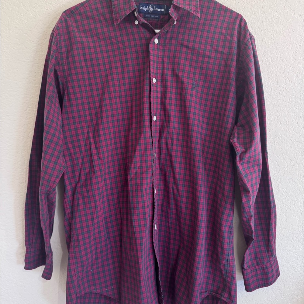 Ralph Lauren Mens Small Red Green Plaid Cotton Button Down Long Sleeve Shirt